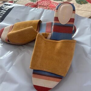 Cole Haan Mustard Suede Slide Mules with Multicolor Striped Footbed